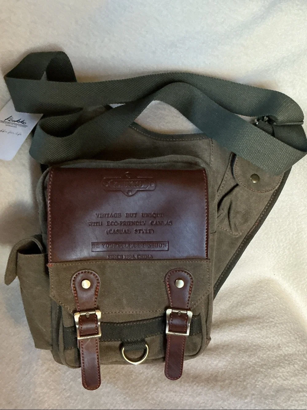 Classic Olive Canvas Messenger with Brown Leather Flap